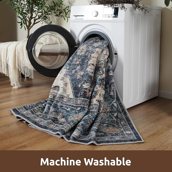 AMOAMI-2X3 Small Rug-Washable Rugs Entryway Mat Indoor-Soft Vintage Non Slip Rugs for Kitchen Laundry Room Bathroom Blue Decorative Accent Rug for in Front of Sink 24 Inch x36 Inch