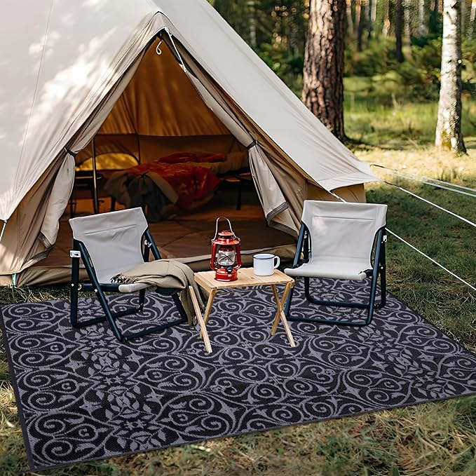 OLANLY Outdoor Rug Waterproof 9x12 ft Clearance, Reversible Outdoor Plastic Straw Rug with Floral Pattern, RV Mat for Patio, Camping, Balcony, Deck, Backyard, Black & Grey