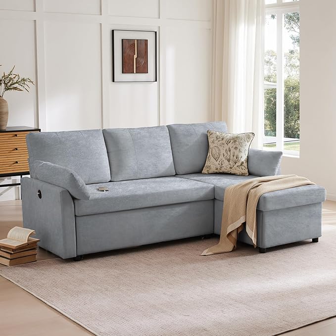 Waxberry Sectional Sofa Couch, Pull Out Couch Sleeper Sofa Bed with Storage for Living Room, Reversible Chaise, Side Pockets & Dual USB/Type-C Ports, Grey