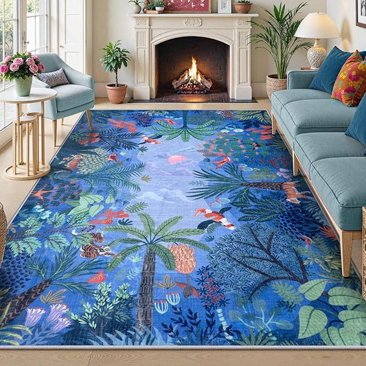 LIVEBOX Washable Jungle Animal Print Rugs 9x12 Blue Rugs for Living Room, Stain Resistant Soft Kids Area Rugs for Bedroom, Non-Skid Modern Dining Room Rug Floor Carpet for Playroom Kids Nursery