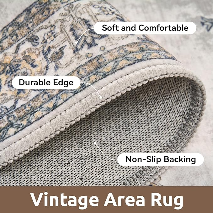 AMOAMI-Vintage Area Rug 8X10 Grey Rugs for Living Room-Soft Living Room Rug Non Slip Rugs for Bedroom Carpet Machine Washable Rug for Dining Room Bedside Office Room Decor