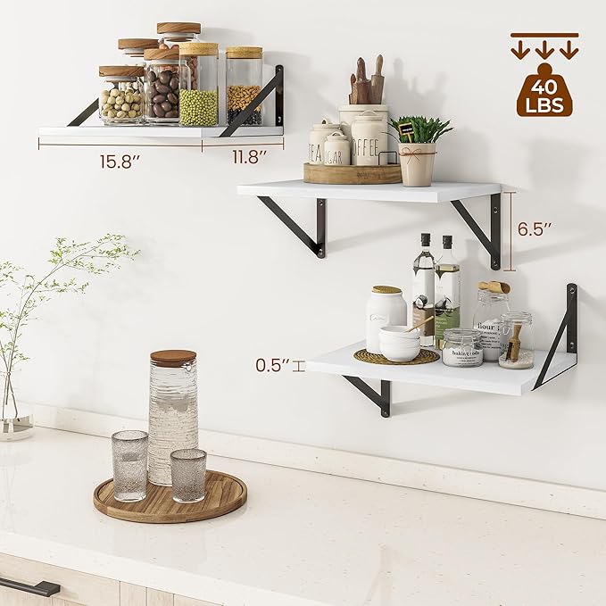 Heimlove Deep Floating Shelves for Wall, 12 Inch Deep Floating Shelves Set of 3, 16W x 12D Wood Wall Shelves, Wide Wood Shelves with Metal Bracket for Living Room, Kitchen, Office, Bedroom - White