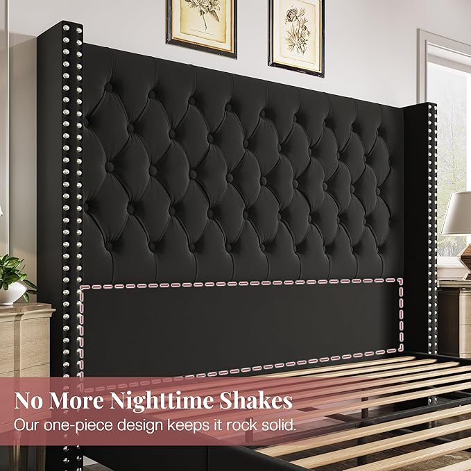 PaPaJet King Size Bed Frame with 61.4" Tall Headboard, Velvet Modern Upholstered Tufted Bed for Adults, Handmade Deep Button Tufting, Solid Wood Legs, No Box Spring Required, Black