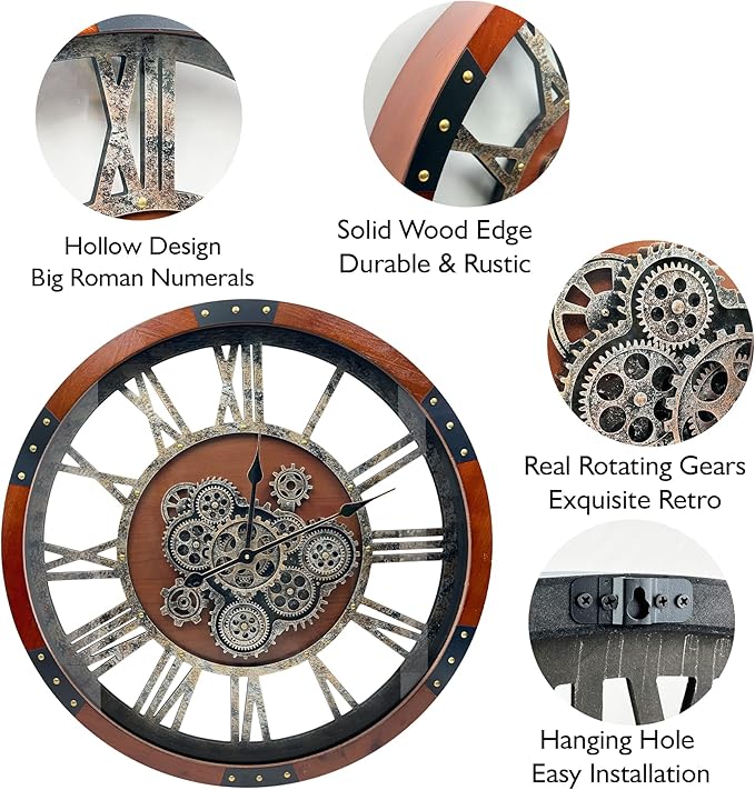 Large Wall Clock for Living Room Decor, 27 Inches Oversized Vintage Wood Decorative Steampunk Farmhouse Wall Clock for Rustic, Retro, Industrial,Kitchen,Office,Working Gears