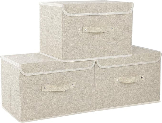 Fabric Storage Bins Cube Organizers with Flip-Top Lid and Handles,Storage Boxes for Organizing Home,Office,and Closet,Grey and Beige,3 Pack 15 x 9.8 x 9.8 in