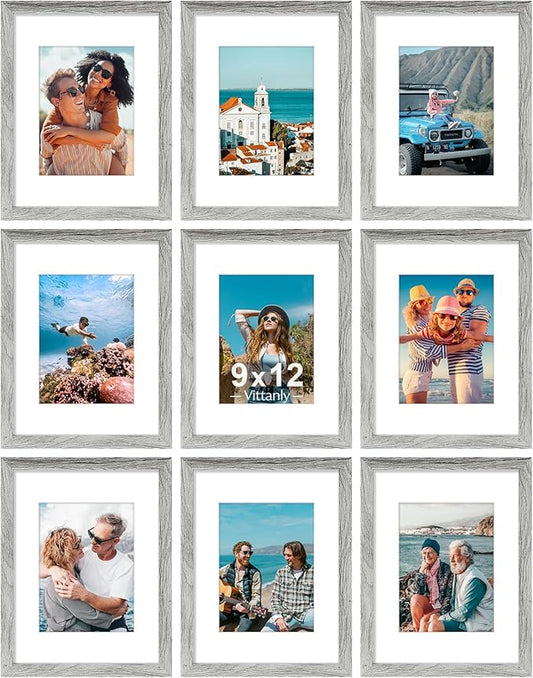 Vittanly 9x12 Picture Frames Set of 9, Shatter Resistant Plexiglass, Display 6x8 Pictures with Mat or 9x12 without Mat, Photo Frames for Wall or Tabletop, Engineered Wood, Grey