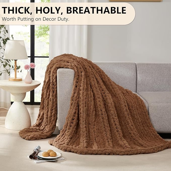 L'AGRATY Chunky Knit Blanket Throw: 80''x90'' Chenille Chunky Knitted Throw Blanket for Bed Couch - Handmade Thick Big Cable Knit Blanket - Large Chunky Crochet Rope Blanket for Home Decor(Brown)