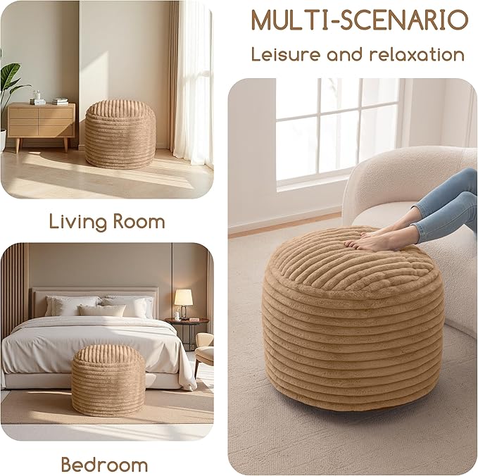 HIGOGOGO Round Stuffed Pouf Ottoman, Stripe Faux Fur Poufs with Foam Chunk Filling, Furry and Fluffy Pouf Foot Stool Storage Ottoman, 26 X 18 Floor Poufs Foot Rest for Living Room, Brown