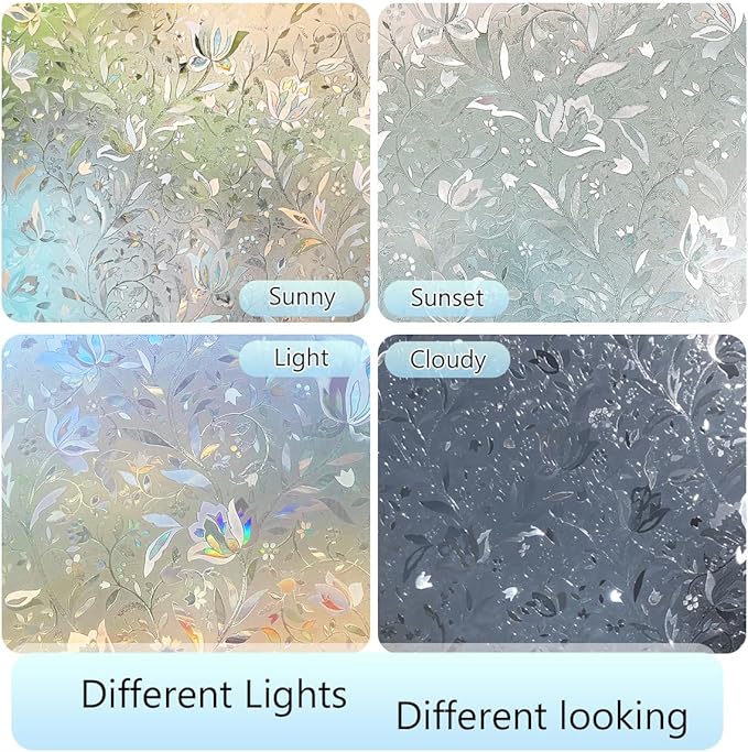 HIDBEA Window Privacy Film, 3D Stained Glass Static Cling - Sun Blocking Anti-UV Heat Control, Reusable Decorative Film for Home/Office Doors, Rainbow Tulip Design (17.5 in x 78.7 in)