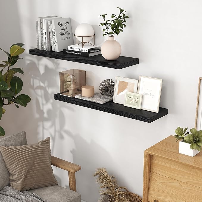 40 Inch Floating Shelves Black, 40" W x 9" D Floating Shelf Set of 2, Farmhouse Wood Wall Shelves for Bedroom, Kitchen, Wall Mounted Deep Shelving for Home Decor