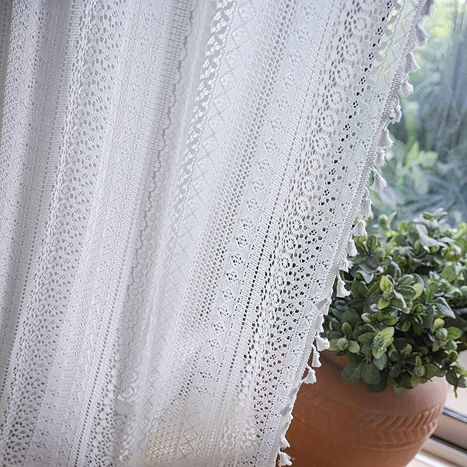 Sutuo Home Boho Sheer Curtain 108 Inches Long, Crochet Lace with Bohemian Hollow Knitted Handmade Tassels,Vintage Farmhouse Window Treatment for Bedroom, Rod Pocket, 1 Panel 59" W x 108" L, White