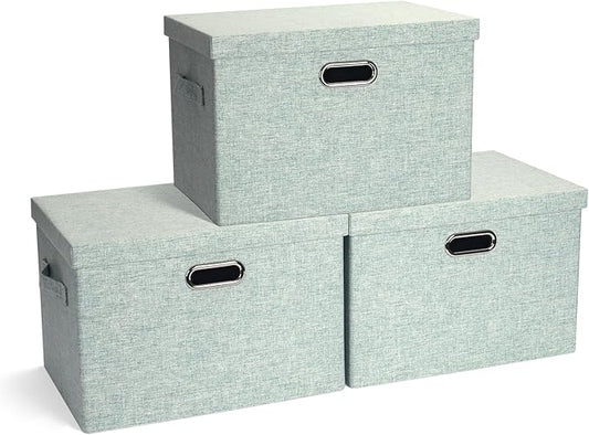 Large 17" 36 Quart Collapsible Stackable Storage Bins with Lids, 3 Packs Light Green Linen Fabric Closet Boxes with Lids, Storage Cube Baskets Container Organizers for Office (17x12x11)
