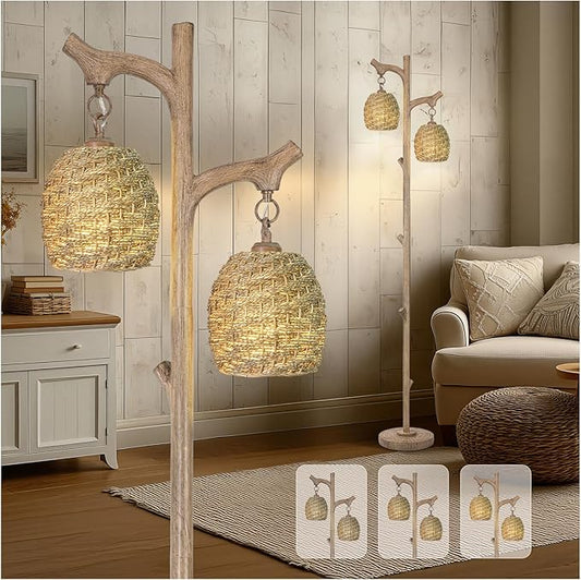 Scenekoy Vintage 68” Tall Floor Lamp with Straw Rope Woven Shade, Retro Resin Standing Lamp Tree Trunk Finish, Dimmable Corner Lamp Stand Up Light with Bulb Prefer for Living Room Bedroom Home Decor