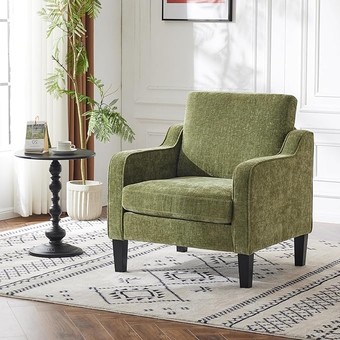 VINGLI Accent Chairs Set of 2 Living Room Chairs Olive Green Reading Chair for Bedroom Scooped Arm Chair Mid Century Modern Accent Chairs Upholstered Comfy Chair for Apartment, Waiting Room