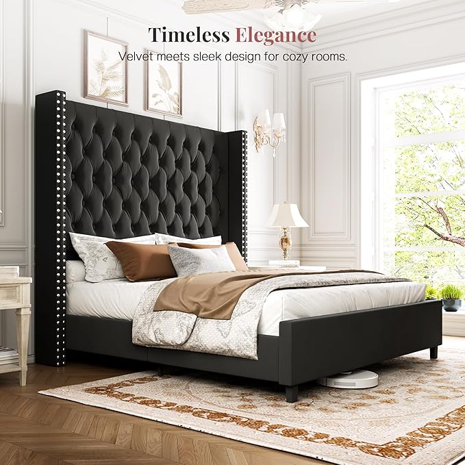PaPaJet King Size Bed Frame with 61.4" Tall Headboard, Velvet Modern Upholstered Tufted Bed for Adults, Handmade Deep Button Tufting, Solid Wood Legs, No Box Spring Required, Black