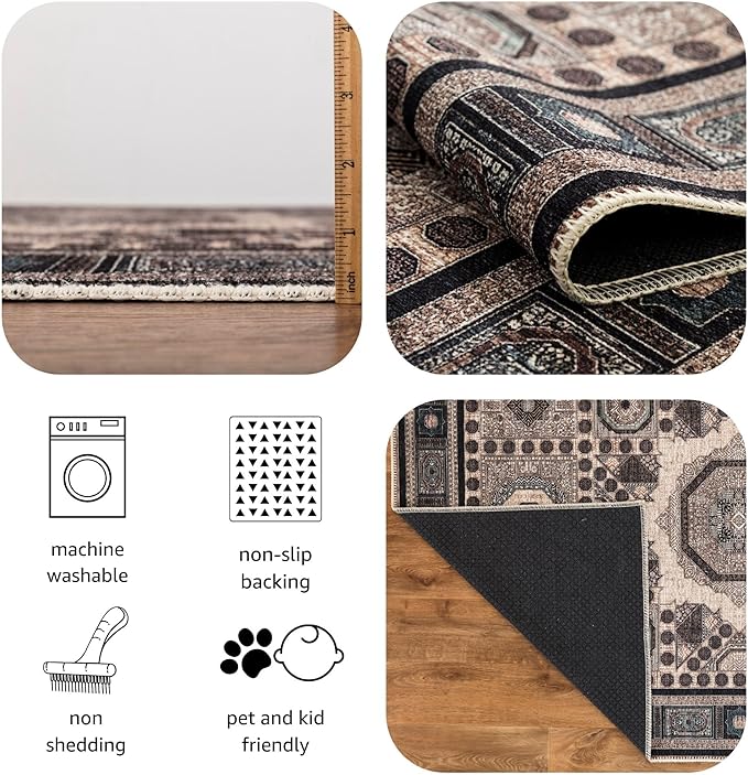 Keen Home Design 5x7 Rug - Machine Washable Area Rug with Non-Slip Backing, Ideal for Living Room, Dining Room, Bedroom - Vintage, Easy Clean, Durable, Low Pile Rug - (5' x 7')