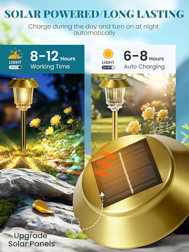 Solar Lights Outdoor Waterproof,4 Pack Gold Pathway Lights with 10-40 LM Dimmable Glass and Metal, Solar Powered Garden Decor for Yard,Patio,Pathway,Driveway Fall Decoration(Warm White)