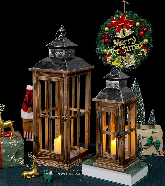 Large Farmhouse Decorative Wooden Lanterns Set of 2, Rustic Burnt Wood Floor Lanterns, Indoor/Outdoor Hurricane Lanterns for Home Decor (No Glass)