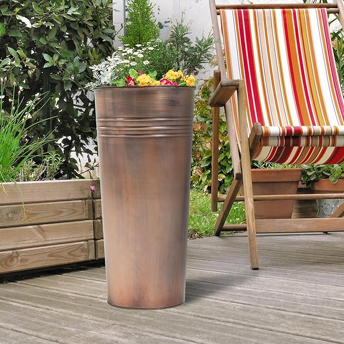 KOL 22''H 2-Pack Planter with Water Level Indicator - Galvanized Steel Pot - Self Watering Planters Flower Pot for Plant - Inner Pot Design - Round Metal Planter Box - Indoor Outdoor Planting - Bronze