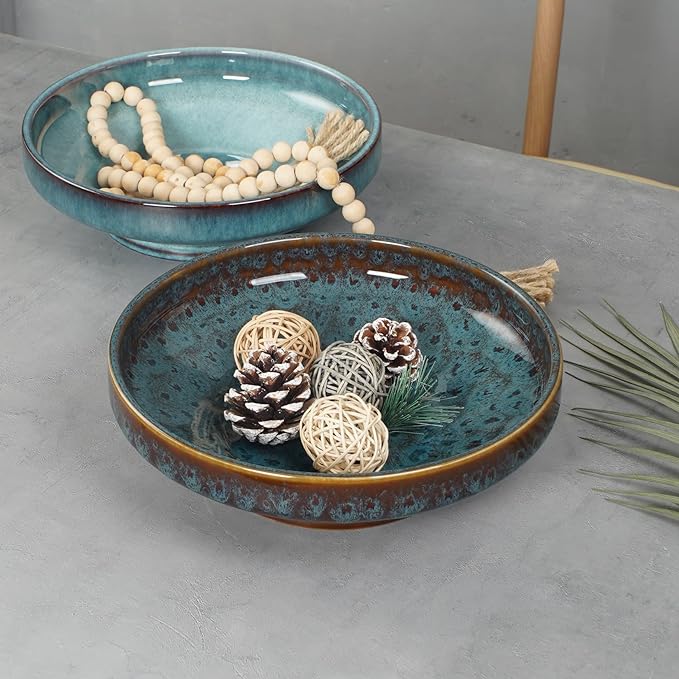 Ceramic Fruit Bowl for Kitchen Counter,Decorative Pedestal Bowl for Table Countertop,Large Footed Serving Bowl,10.2 Inch (peacock Green)
