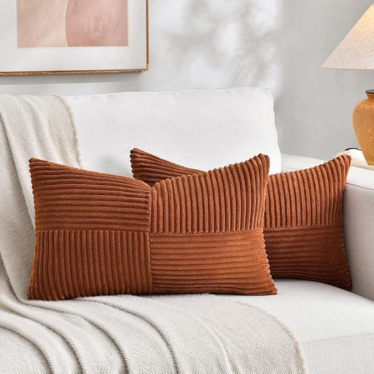 Fancy Homi 2 Packs Rust Long Lumbar Decorative Throw Pillow Covers 16x24 Inch for Couch Bed Sofa, Farmhouse Boho Home Decor, Soft Striped Corduroy Rectangle Accent Terracotta Cushion Case 40x60 cm