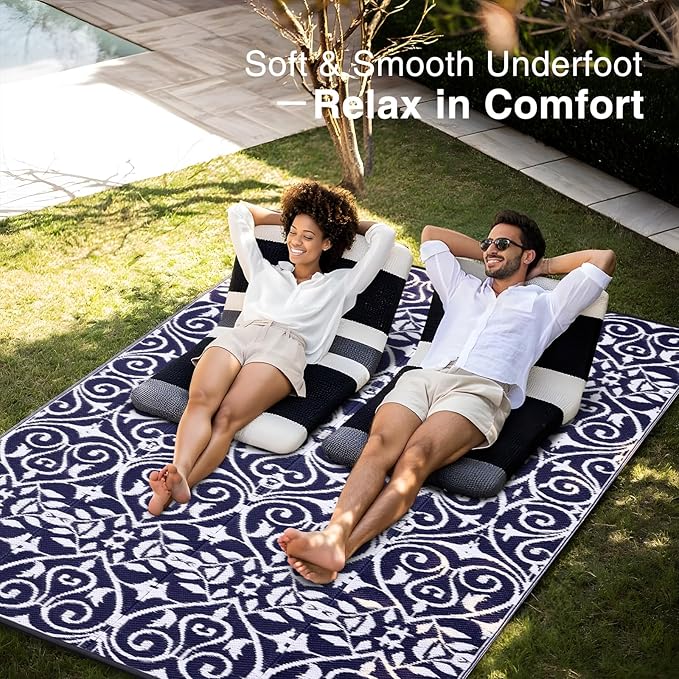 OLANLY Outdoor Rug Waterproof 6x9 ft Clearance, Reversible Outdoor Plastic Straw Rug with Floral Pattern, RV Mat for Patio, Camping, Balcony, Deck, Backyard, Navy & White