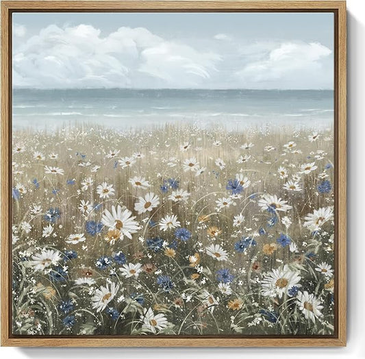 amatop Framed Wall Art Bathroom Décor Boho Beach Coastal Vintage Floral Wall Picture Flower Daisy Flowers by Sea Canvas Print Nautical Small Artwork For Home Farmhouse Living Room Bedroom Office
