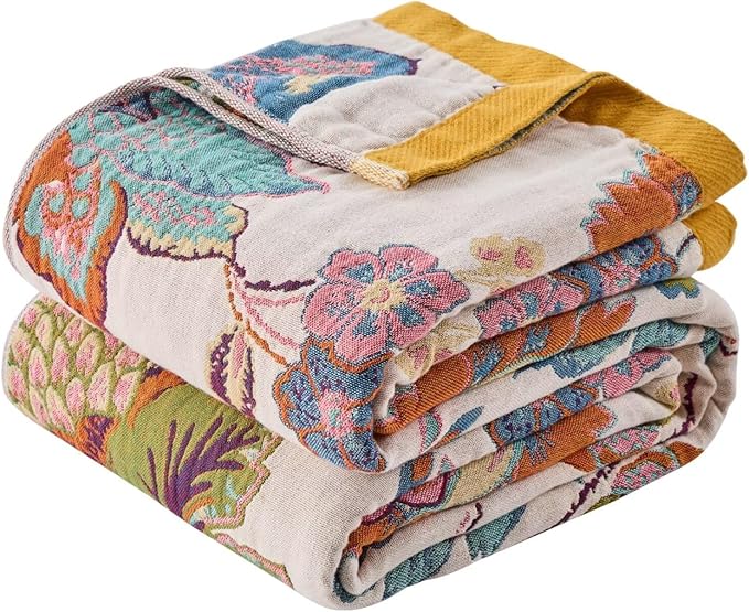 Boho Throw Blanket for Bed Couch 100% Cotton Woven Bed Throws for Summer, Lightweight and Soft Cozy Farmhouse Reversible Muslin Decorative Blanket for Travel Picnic, Teal/Cream, 80"x90"