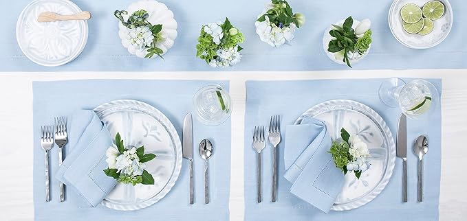 Solino Home Linen Sky Blue Table Runner 48 Inches - Classic Hemstitch, 100% Pure Linen Coffee Table Runner 14 x 48 Inch Ideal for Dresser Tables