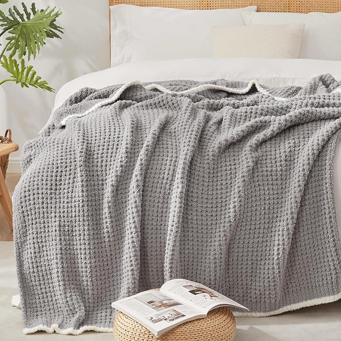 Snuggle Sac Grey Waffle Throw Blanket for Couch Bed Sofa 60x80 inches, Reversible Grey Blanket Microfiber Fluffy Fuzzy Cozy Knit Twin Blanket for Women Mothers Birthday Gifts