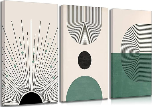 3 Pcs Sage Green Boho Canvas Wall Art Modern Abstract Minimalist Neutral Bohemian Sun Geometric Line Painting Picture Wall Decor Poster Print Artwork for Living Room Bedroom Home Decoration