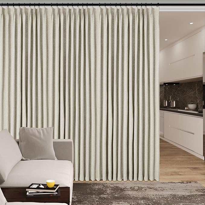 Full Blackout Privacy Curtains, 240 Inch Extra Wide Linen Blend Drapes, Pinch Pleat Window Drapery for Room Divider Storage/Space Room Separation, 1 Panel, W 240" x L 108", Ivory White