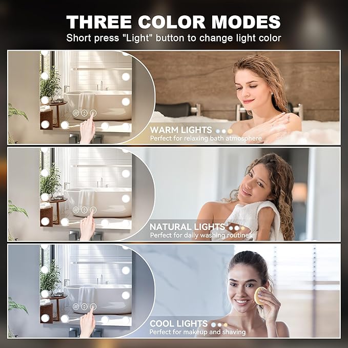 Hasipu LED Bathroom Mirror with Lights, 55" x 36" Hollywood Wall-Mounted Bathroom Mirror with 26 Dimmable Bulbs, 3 Colors Modes, Touch Control, Anti-Fog, Memory Function, Shatter-Proof, ETL Listed