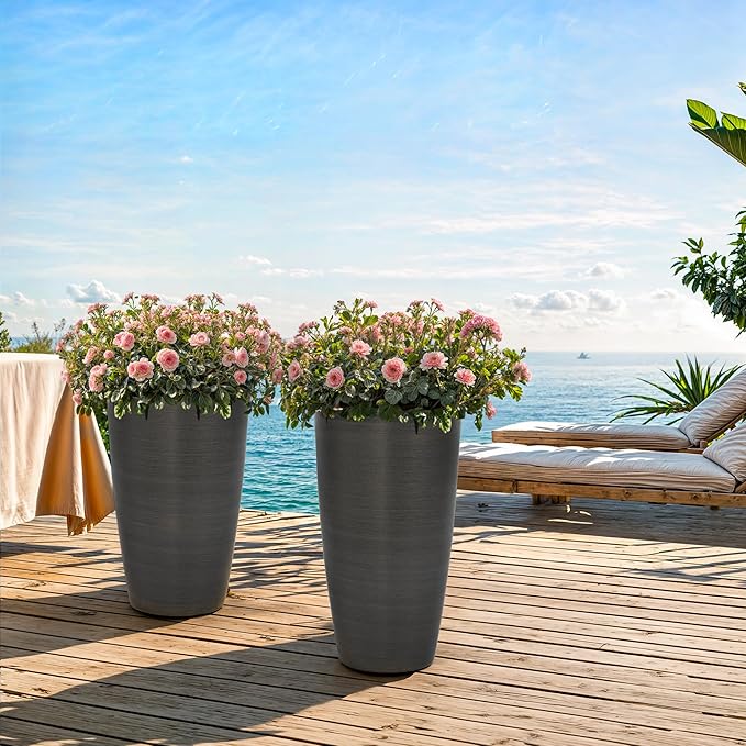 22.8" Resin Planters for Outdoor Plants, Set of 2 Modern Large Flower Pots with Handmade Brushed Metal Finish, Weather Resistant for Indoor/Outdoor Year-Round Use