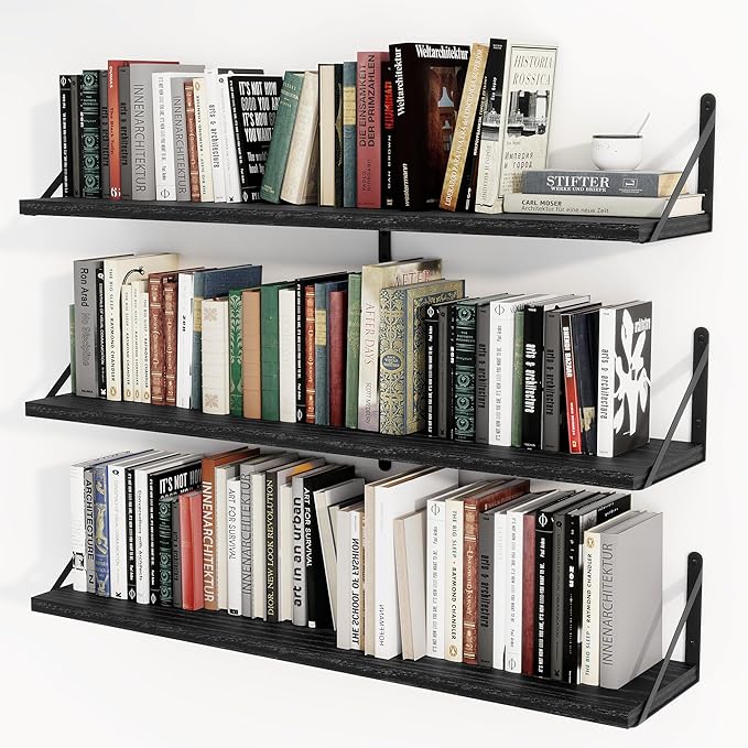 Heimlove 36 Inch Black Floating Bookshelves Set of 3,Heavy Duty Wall Mounted Bookshelves,Bookshelf for Living Room,Bedroom,Kitchen,Laundry Room Storage & Decor
