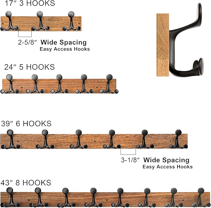 SKOLOO 24-Inch Wood Burnt Coat Rack Wall Mount with 5 Triple Hooks - Ideal for Family Entrances, Classrooms, and Pet Supplies Storage - Perfect Coat Hooks for Wall