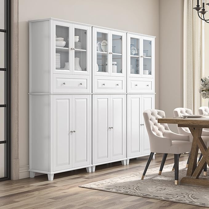 76'' Kitchen Pantry Storage Cabinet, Freestanding Kitchen Cupboard with Large Drawer, Doors, and Adjustable Shelves, Bathroom Storage Cabinet for Dining Room, Living Room, Laundry, White