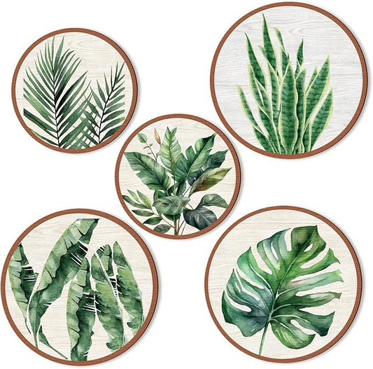 Qunclay 5 Pcs Wall Art Decor Wooden Living Room Wall Decor Bohemian Hanging Farmhouse Geometric 10'' and 8'' Aesthetic Wood Minimalist Posters for Bedroom(Leaves)