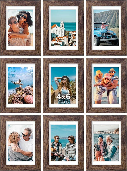 Vittanly 4x6 Picture Frames Set of 9, Shatter Resistant Plexiglass, Display 3.5x5 Pictures with Mat or 4x6 without Mat, Photo Frames for Wall or Tabletop, Engineered Wood, Brown