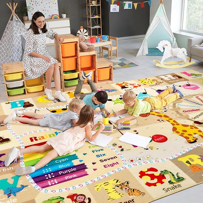 7x10 Playroom Rugs for Kids Washable, Educational and Fun Playmat with ABC Alphabet Animals Shapes Colors, Non-Slip Play Mat Learning Rug for Baby Toddler Children Game Activity，Beige, Pink