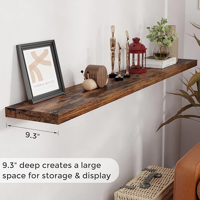 72 Inch Floating Shelves, 72 x 9 Rustic Wooden Fireplace Mantel, 9 Inch Floating Shelf for Wall, Farmhouse Wall Shelves for Home Storage & Display, Rustic Brown Color, Set of 1