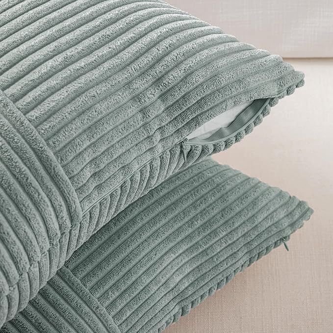 Fancy Homi 2 Packs Grey Blue Long Lumbar Decorative Throw Pillow Covers 16x24 Inch for Couch Bed Sofa, Rustic Farmhouse Boho Home Decor, Soft Striped Corduroy Rectangle Accent Cushion Case 40x60 cm