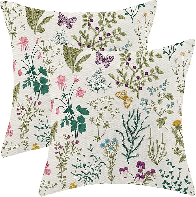 CXMEIFLY Spring Pillow Covers 18 x 18 Inch Set of 2 Vintage Sage Green Teal Wild Flowers Decor Throw Pillows Leaves Plant Outdoor Farmhouse Decorative Cushion Cases for Couch Bed Sofa Decoration