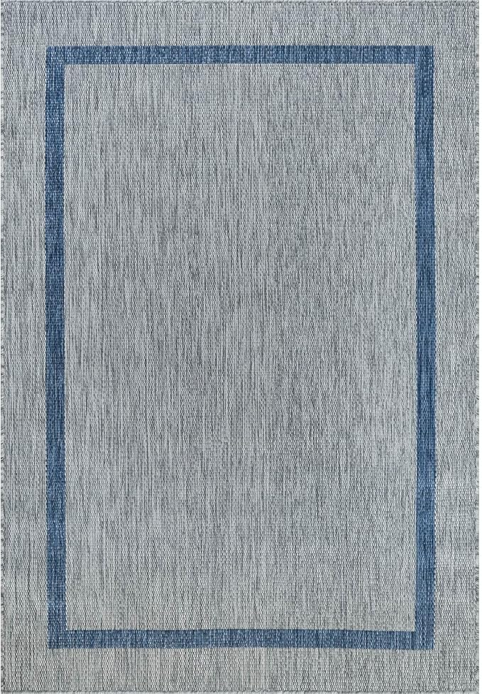 Bordered Outdoor Rug 10x14 Washable Outside Carpet for Indoor Patio Porch Waterproof Easy Cleaning Non Shedding Area Rugs Silver Gray - Blue 10 x 14