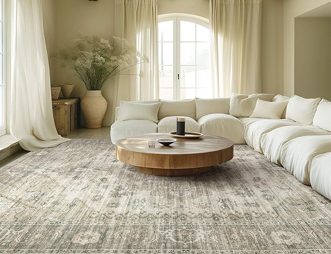 Washable Area Rugs for Living Room -8x10 Neutral Vintage Distressed Floral Farmhouse Boho Large Soft Floor Rug Indoor Non Slip Carpet for Living Room Bedroom Dining Room Office - Brown/Tan