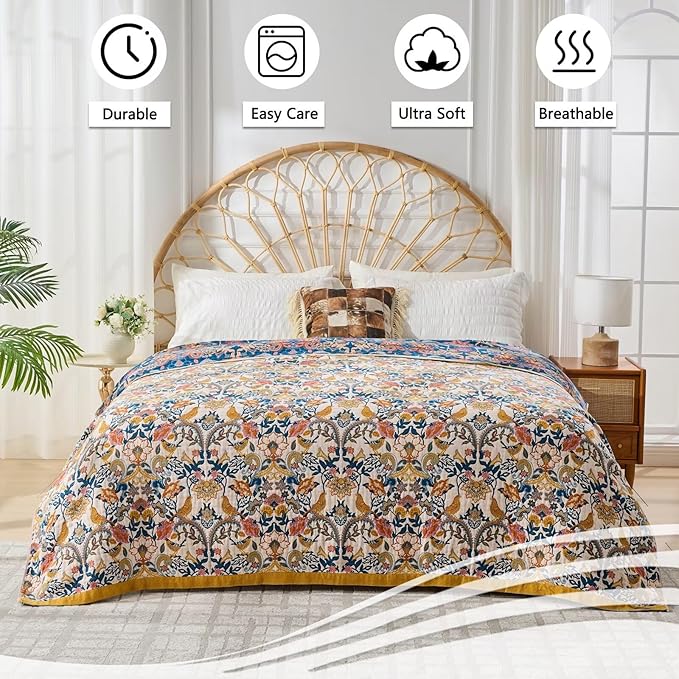 Fall Boho Throw Blanket for Bed, Muslin Reversible Blanket Washable Breathable,100% Cotton Lightweight 4-Layer King Size Throw Blanket for Bed,90"x98"