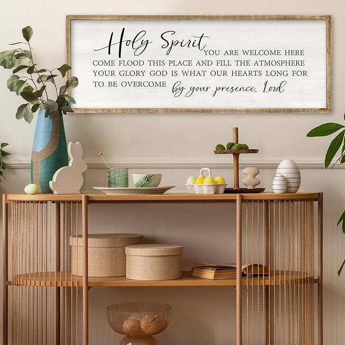 Holy Spirit You are Welcome Here Wall Decor Art 32x12 Inch Large Christian Song Bible Verse Plaque Wood Framed Sign Living Room Scripture Quote Religious For Office Wall Hanging (Wood)