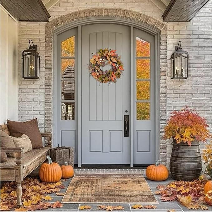 24" Fall Wreath for Front Door Handmade with Artificial Autumn Leaves, Natural Pinecones, Faux Berries and Wheat, Autumn Harvest Wreath Decoration for Home Farmhouse Door Wall Window Porch