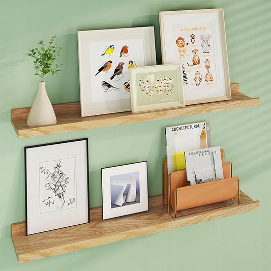 Floating Picture Ledge Shelves 36 Inch Solid Oak Wood Set of 2, Rustic Wall Storage Shelves with Lip, Kids Bookshelf, Photo & Picture Ledge Shelves for Bedroom, Living Room, Kitchen