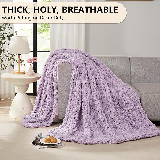 L'AGRATY Chunky Knit Blanket Throw - Soft Chenille Yarn Throw Blanket 50x60: Handmade Thick Cable Knit Crochet Blanket - Large Knit Blanket Chunky Rope Knot Throw Blanket for Couch Sofa Bed Home Decor